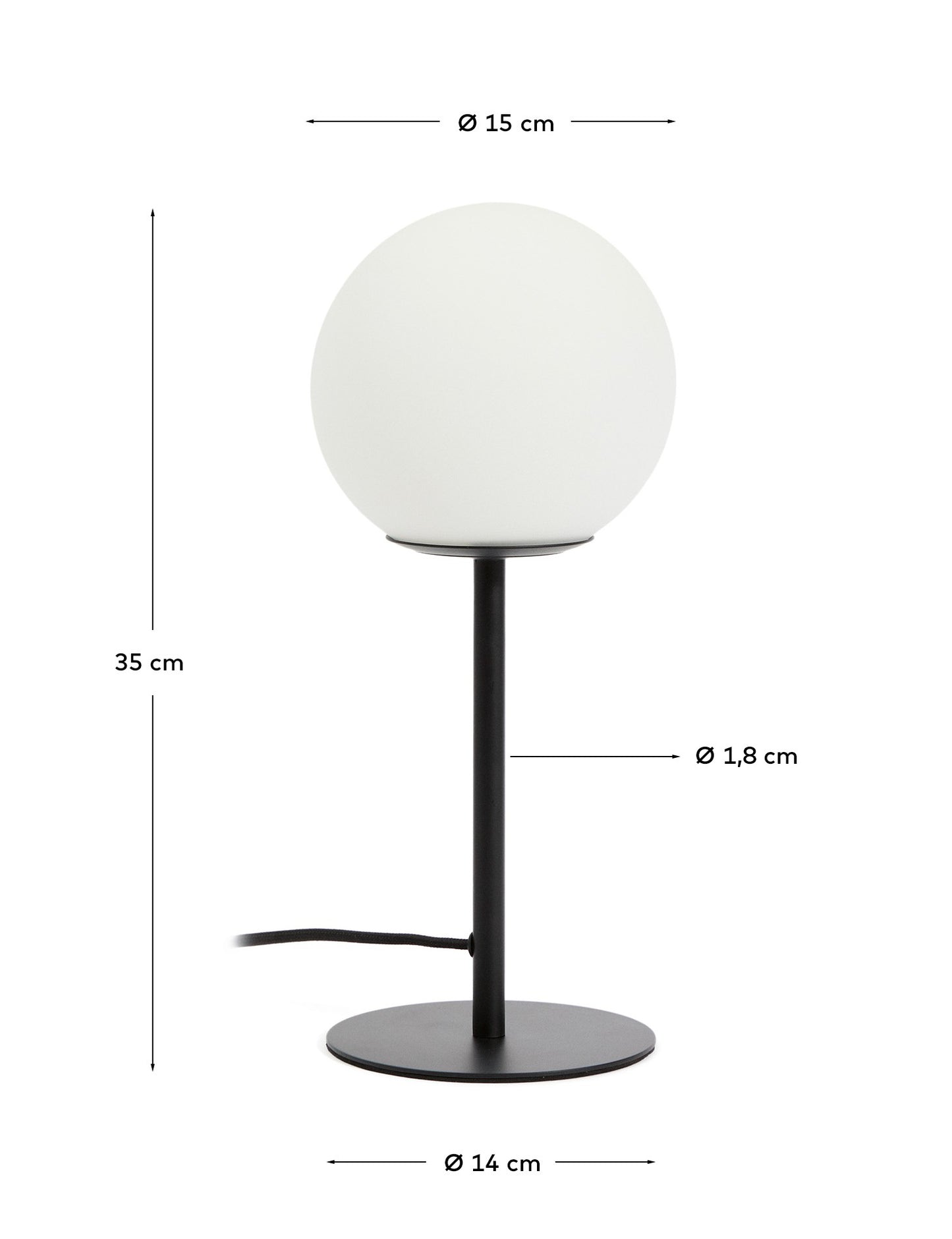 Lampada da tavolo Brisia in metallo con finitura nera e 1 sfera in vetro satinato Ø 15 cm