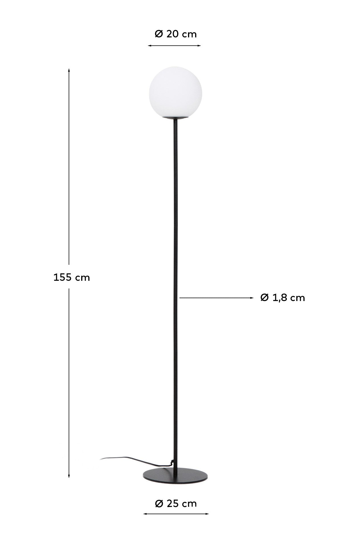 Piantana Brisia in metallo con finitura nera e 1 sfera in vetro satinato Ø 20 cm