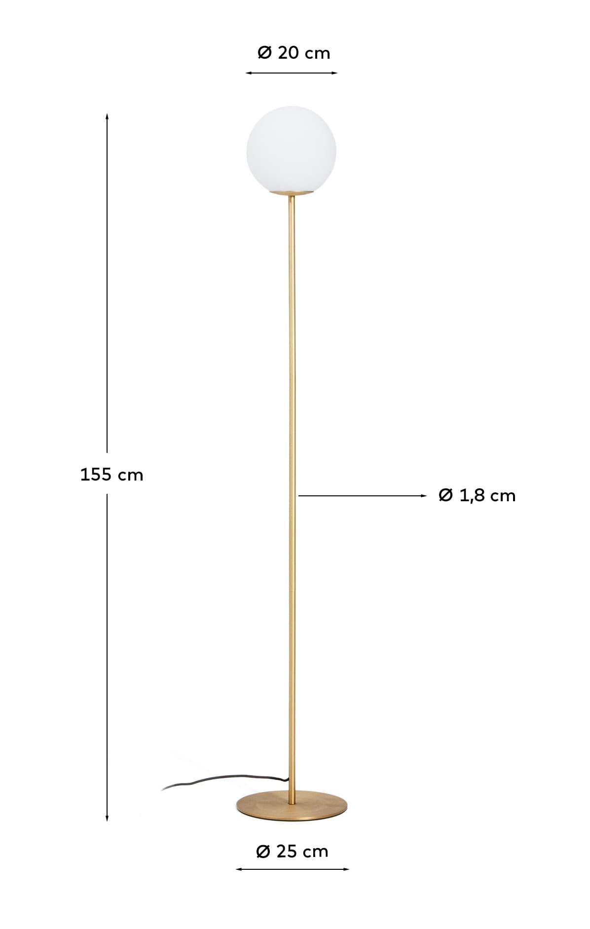 Piantana Brisia in metallo con finitura in ottone spazzolato e 1 sfera in vetro satinato Ø 25 cm