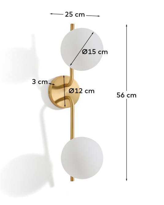 Applique Brisia finitura ottone spazzolato e 2 sfere in vetro satinato Ø15 cm