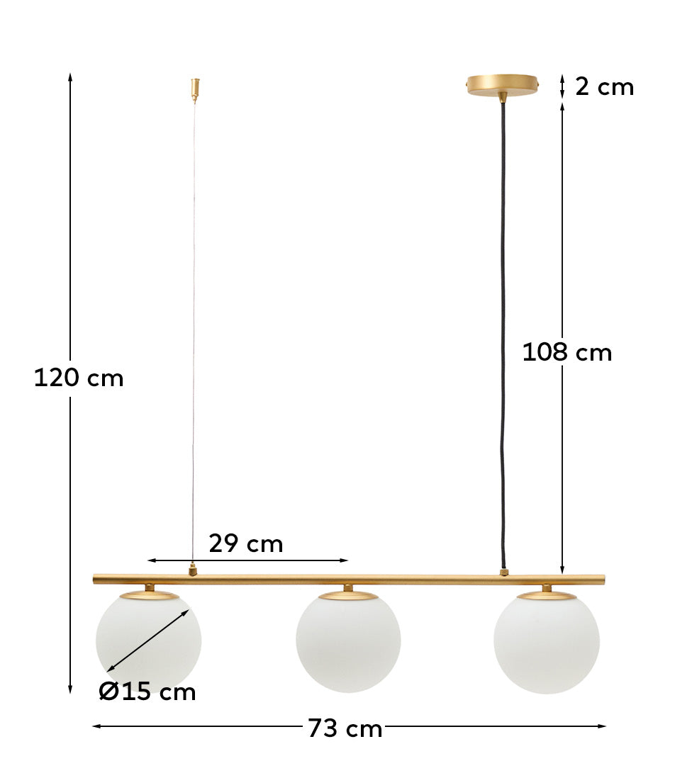Lampada da soffitto Brisia in metallo con finitura in ottone spazzolato e 3 sfere di vetro satinato Ø 15 cm