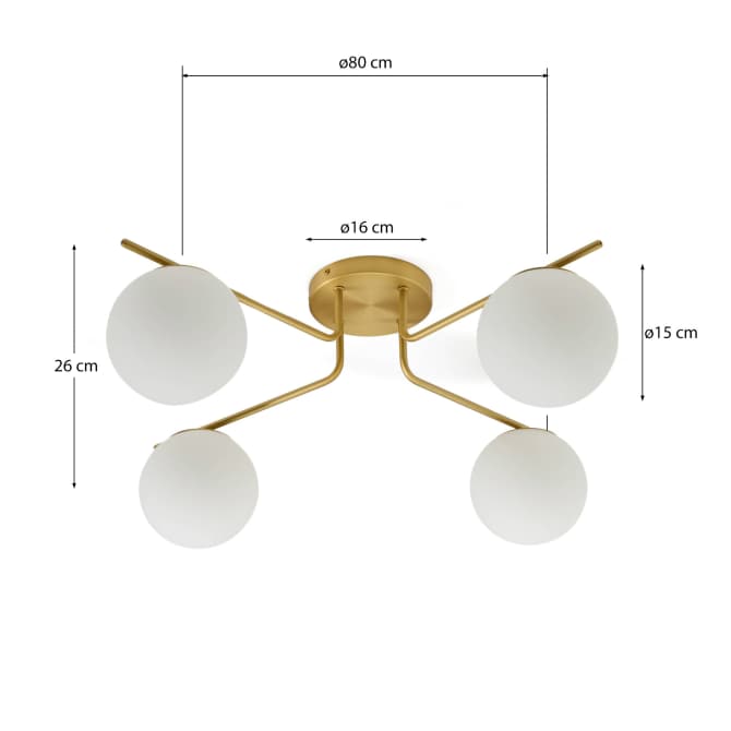 Lampada da soffitto Brisia in metallo con finitura in ottone spazzolato e 4 perle di vetro satinato Ø15 cm