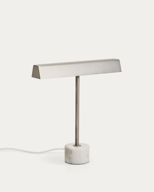 Lampada da tavolo Lynor in metallo spazzolato con base in marmo bianco