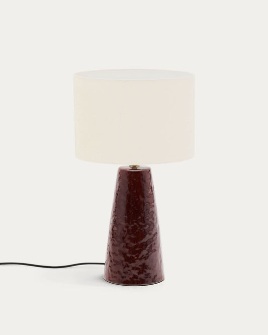Lampada da tavolo Drava in ceramica bordeaux con paralume in cotone