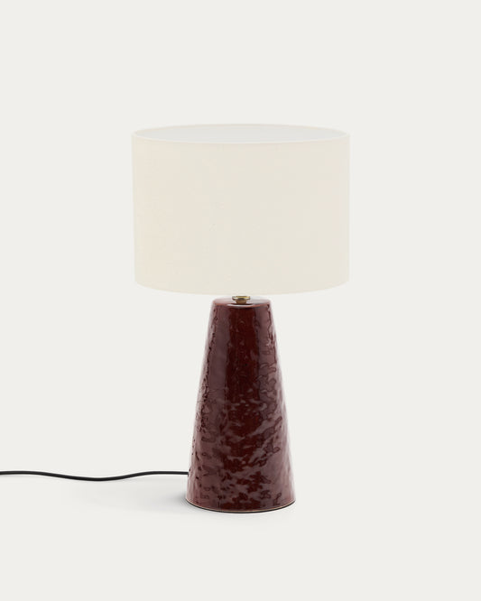 Lampada da tavolo Drava in ceramica bordeaux con paralume in cotone