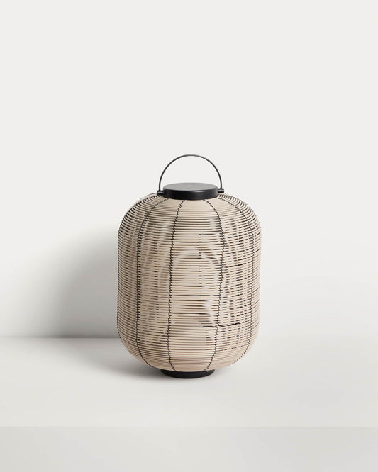 Lampada da tavolo piccola portatile Saranella LED in rattan sintetico grigio chiaro