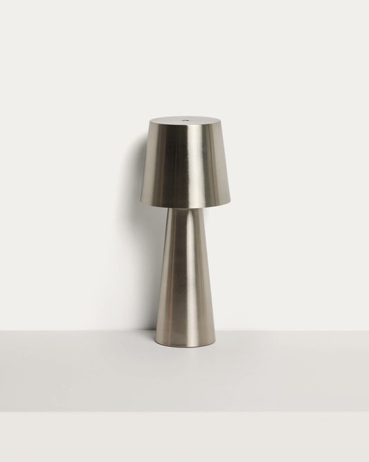 Lampada da tavolo grande Arenys in metallo con finitura argento lucido