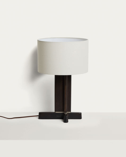 Lampada da tavolo Niani in legno di caucciù finitura scura e paralume in cotone color avorio Ø 30 cm