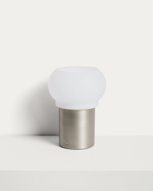 Lampada da tavolo portatile LED Leruna in vetro satinato e metallo con finitura galvanizzata Ø 20 cm