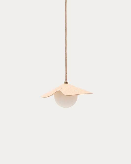 Lampada da soffitto Wilara in impiallacciatura di rovere con 1 sfera di vetro fumé bianco