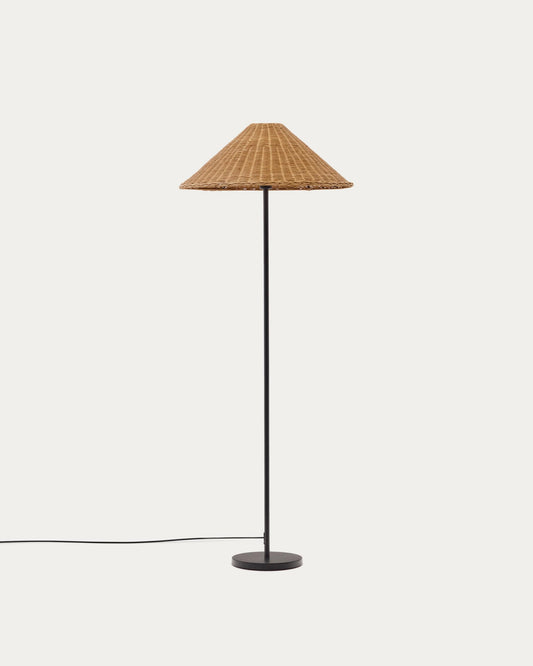Lampada da terra Urania in rattan e metallo con finitura in nero
