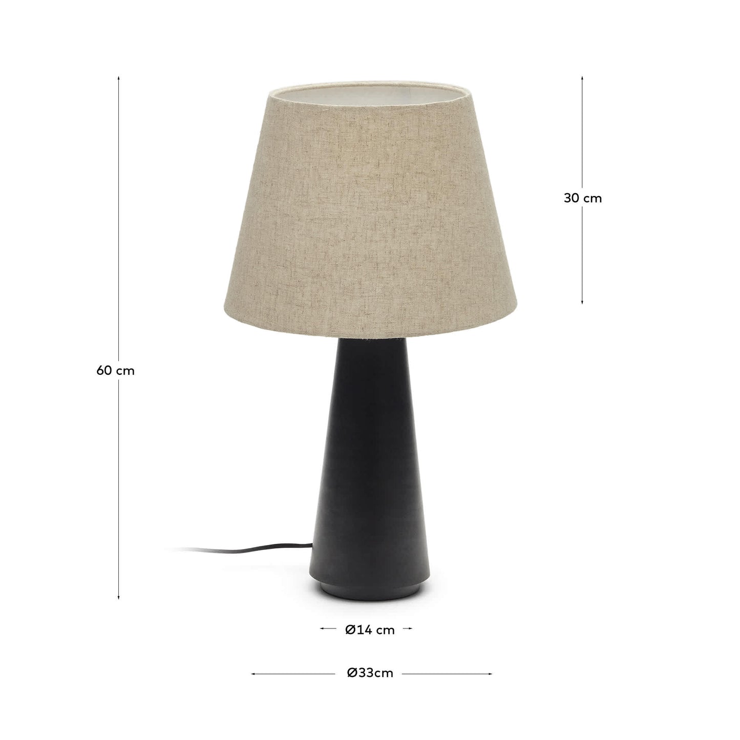 Lampada da tavolo Torrent in metallo verniciato nero con paralume in lino