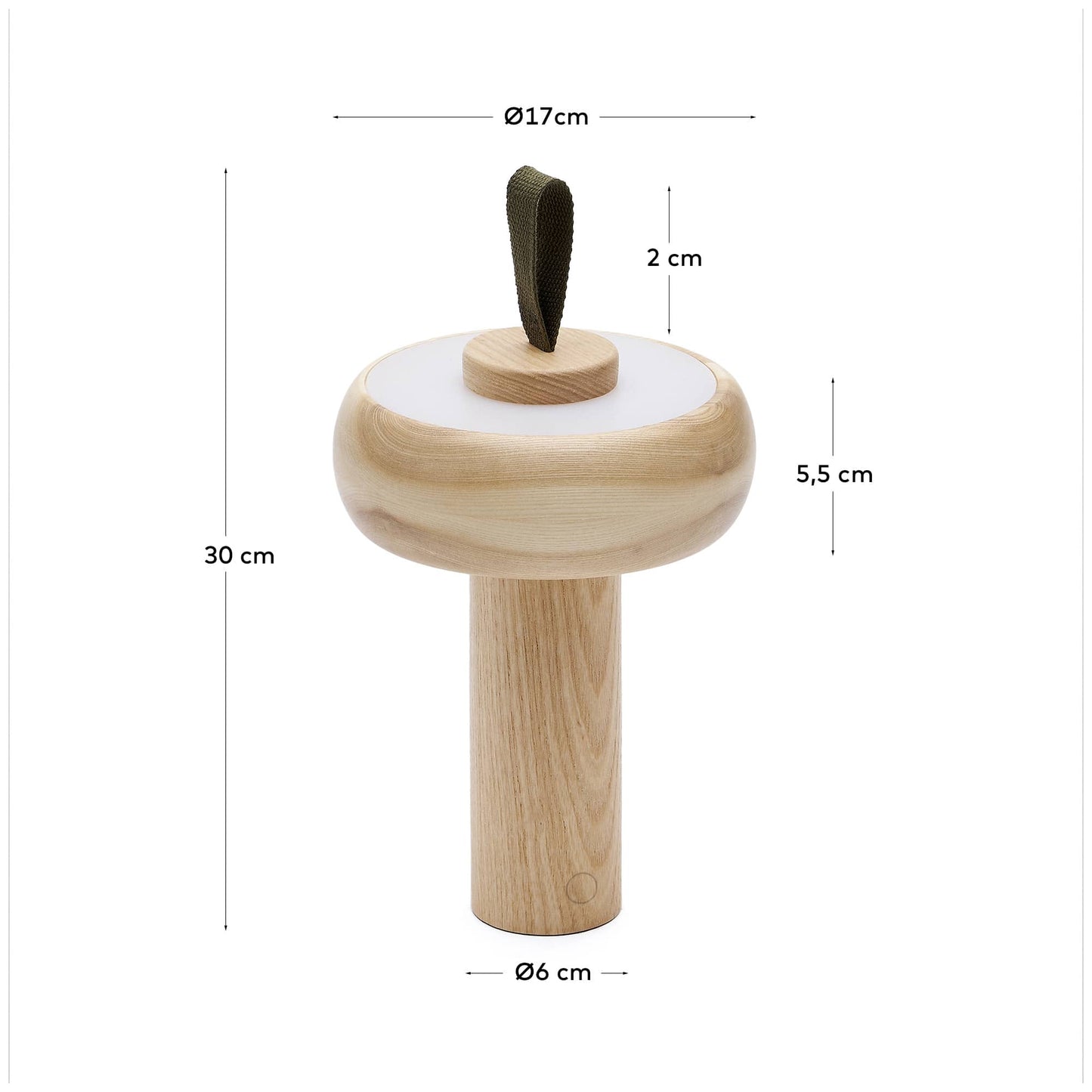 Lampada da tavolo portatile Luba in legno di frassino e maniglia in cotone verde