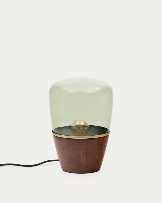 Lampada da tavolo Silex in impiallacciatura di noce e vetro verde
