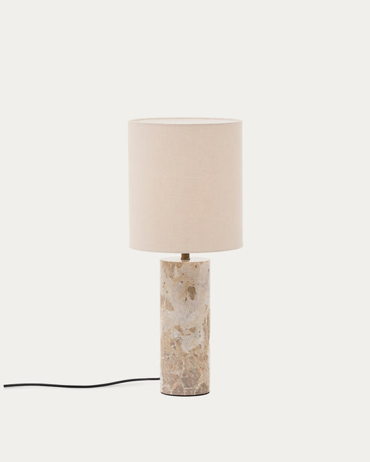 Lampada da tavolo Raze in marmo beige con paralume in lino beige