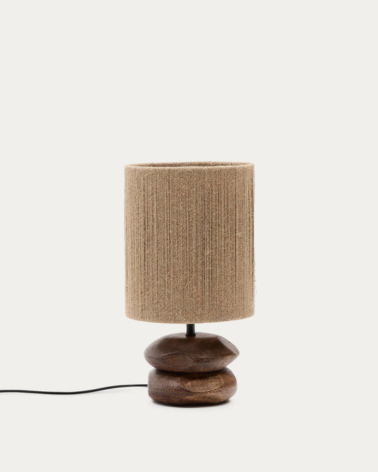 Lampada da tavolo Kor in legno d'acacia con finitura scura e iuta