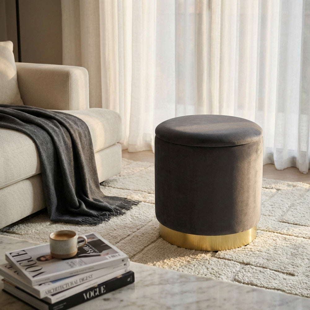 Pouf contenitore Villas rotondo in velluto grigio scuro Ø 37