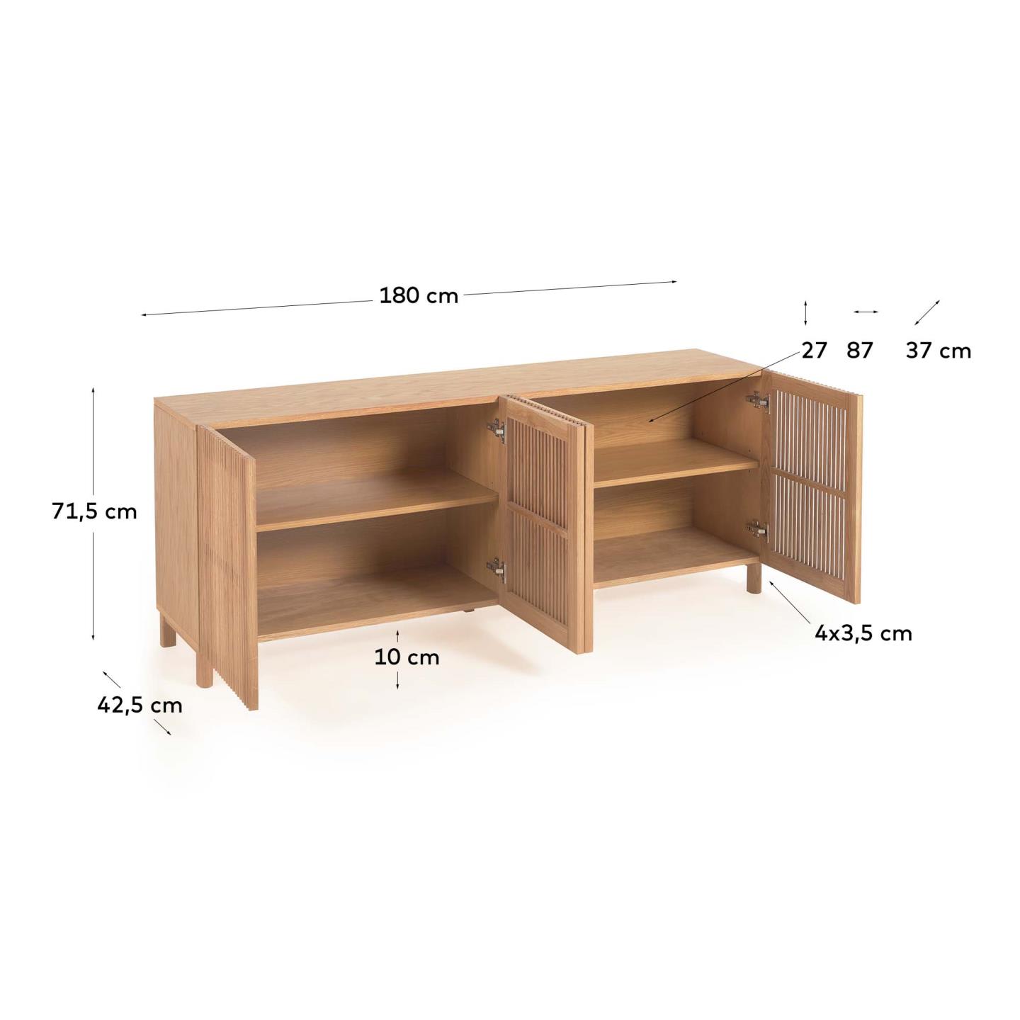 Credenza Beyla 4 ante in legno massello e impiallacciatura rovere 180 x 71,5 cm
