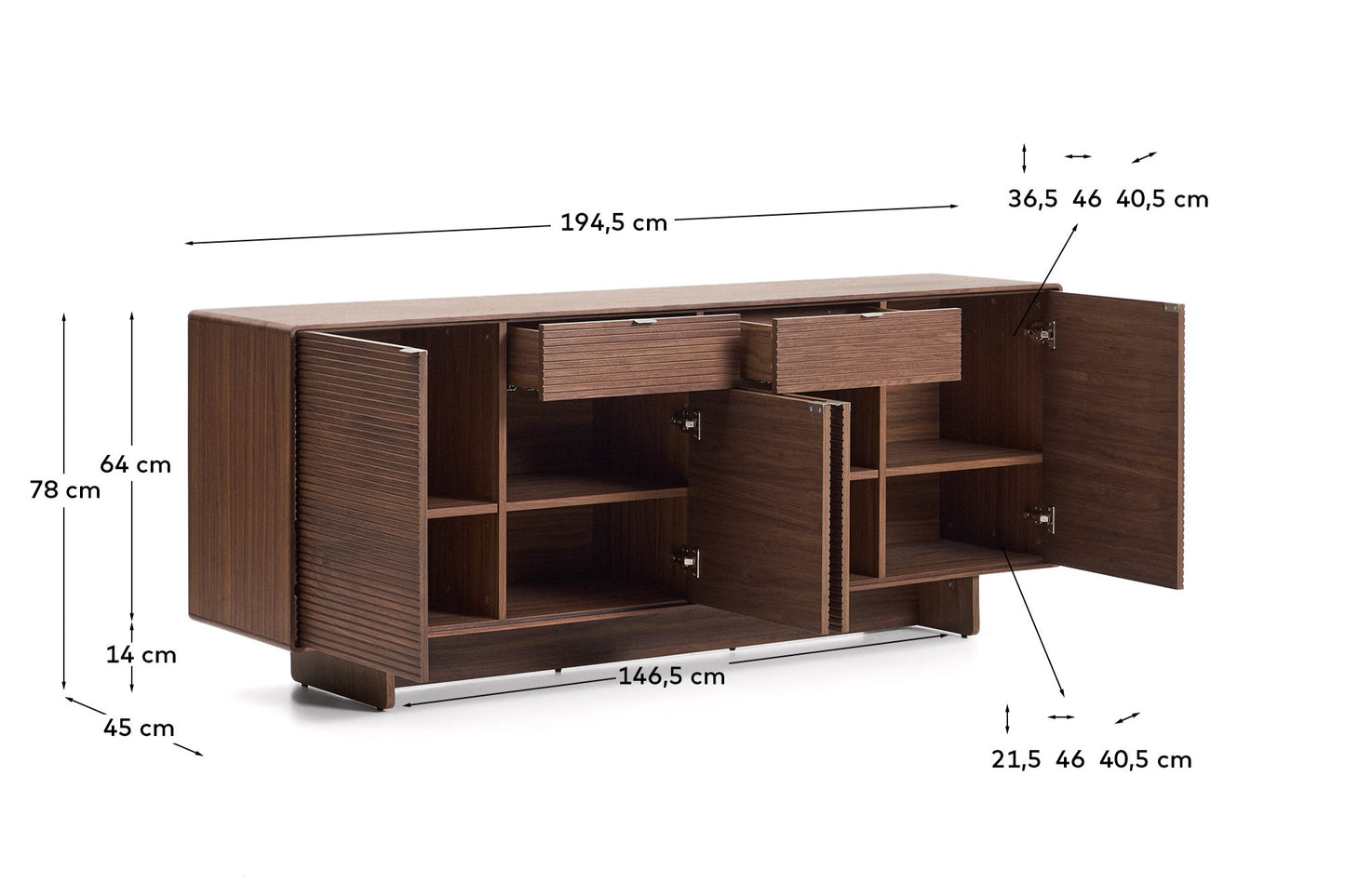Credenza Norlen 4 ante e 2 cassetti in impiallacciato di noce 194,5 x 78 cm