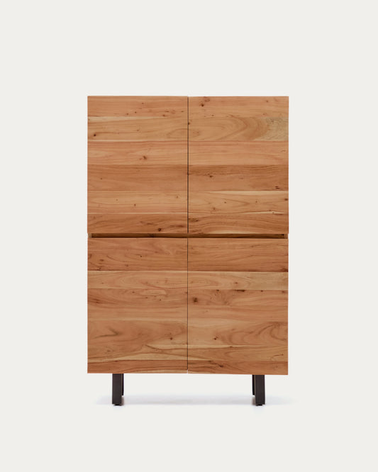 Credenza alta Uxue a 4 ante in legno massiccio di acacia con finitura sbiancata e acciaio nero 100 x 155 cm