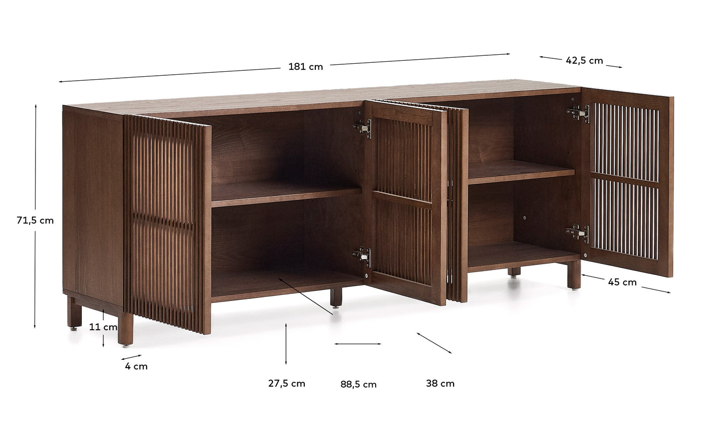 Credenza Beyla a 4 ante in impiallacciato e legno massiccio di frassino con finitura tono noce 180 x 71,5 cm