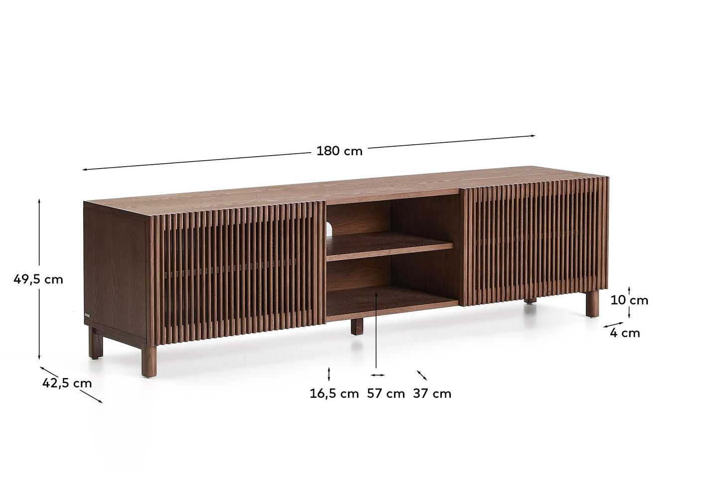 Mobile TV Beyla a 2 ante in impiallacciato e legno massiccio di frassino con finitura tono noce 180 x 49,5 cm