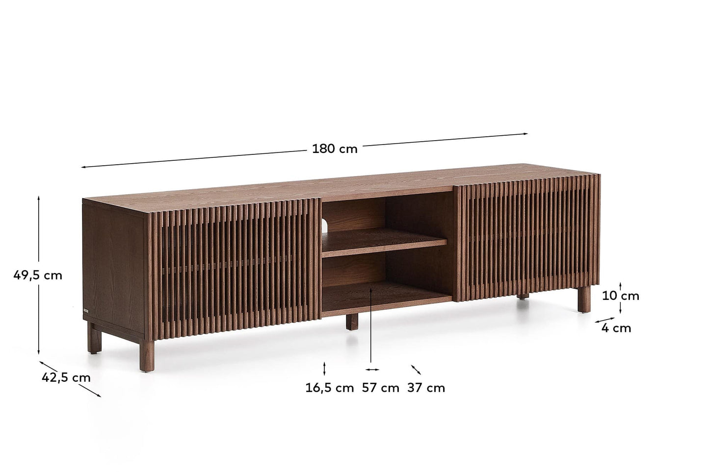 Mobile TV Beyla a 2 ante in impiallacciato e legno massiccio di frassino con finitura tono noce 180 x 49,5 cm