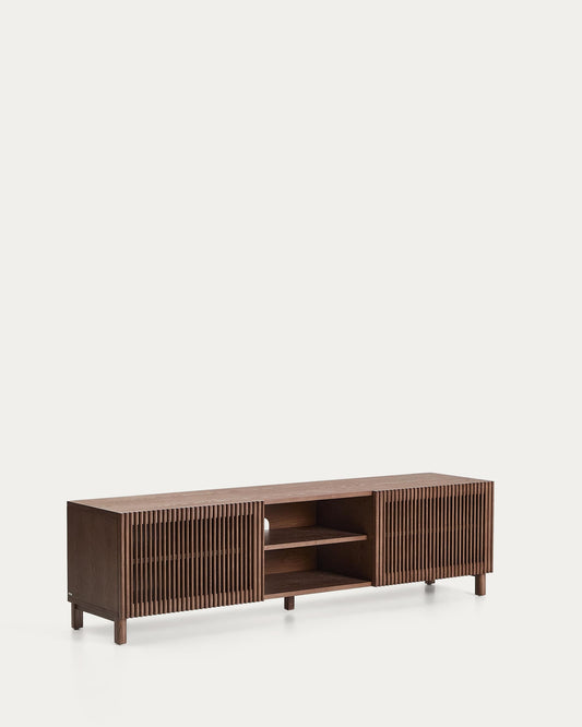 Mobile TV Beyla a 2 ante in impiallacciato e legno massiccio di frassino con finitura tono noce 180 x 49,5 cm
