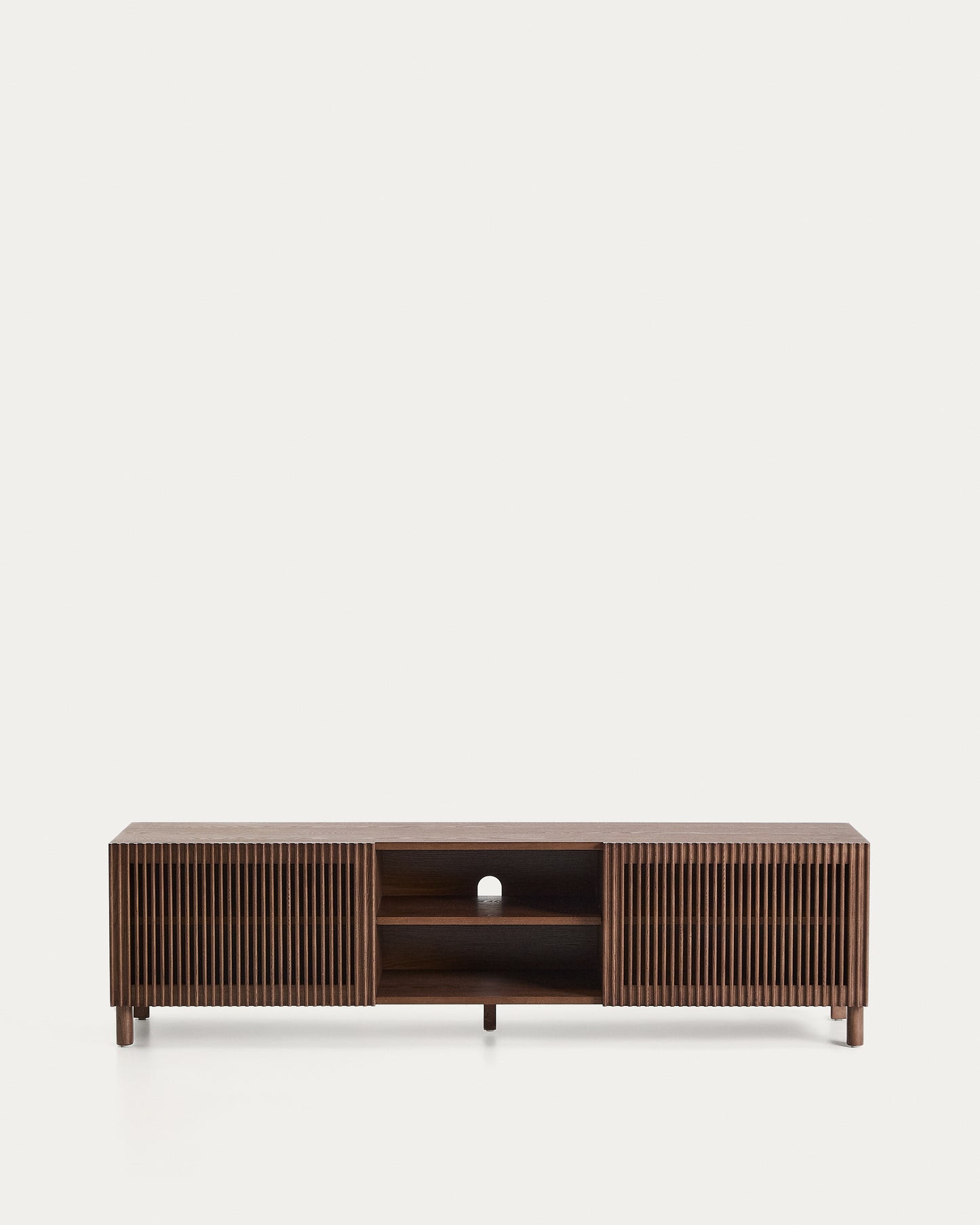 Mobile TV Beyla a 2 ante in impiallacciato e legno massiccio di frassino con finitura tono noce 180 x 49,5 cm