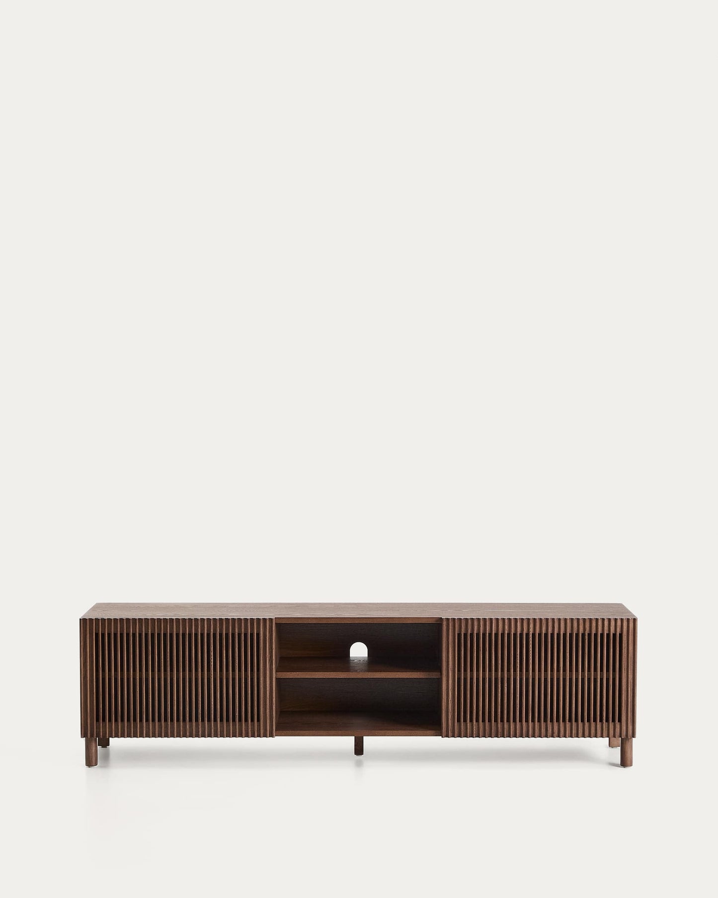 Mobile TV Beyla a 2 ante in impiallacciato e legno massiccio di frassino con finitura tono noce 180 x 49,5 cm