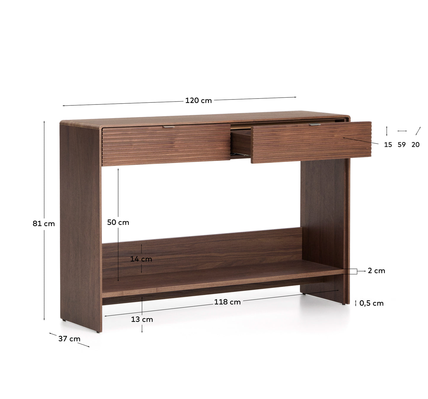 Consolle Norlen 2 cassetti e ripiano in impiallacciato di noce 120 x 81 cm