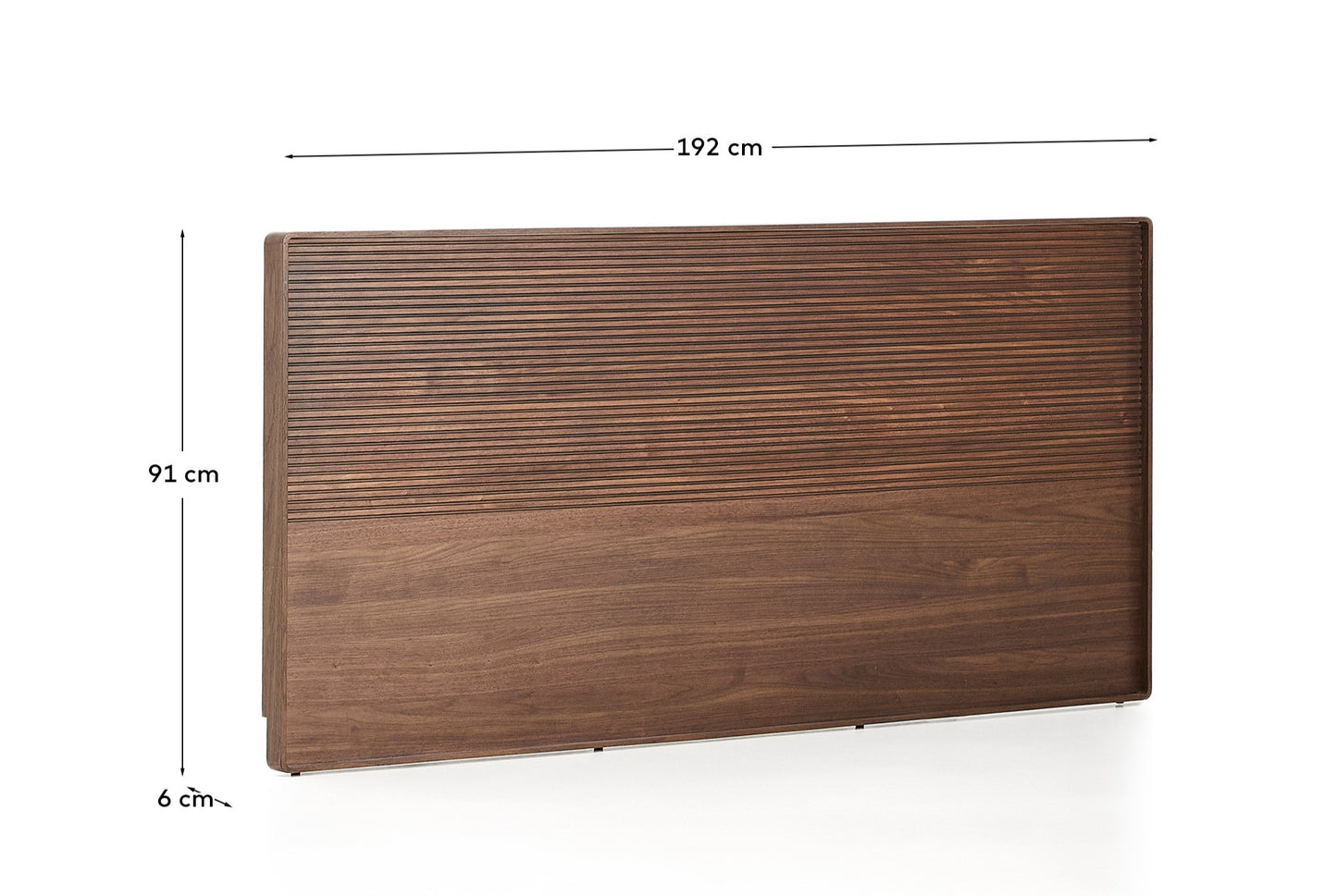 Testiera Norlen in impiallacciatura di noce con finitura scura e luce LED per letto fino a 180 cm