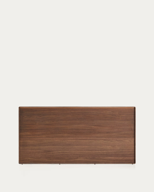 Testiera Norlen in impiallacciatura di noce con finitura scura e luce LED per letto fino a 180 cm