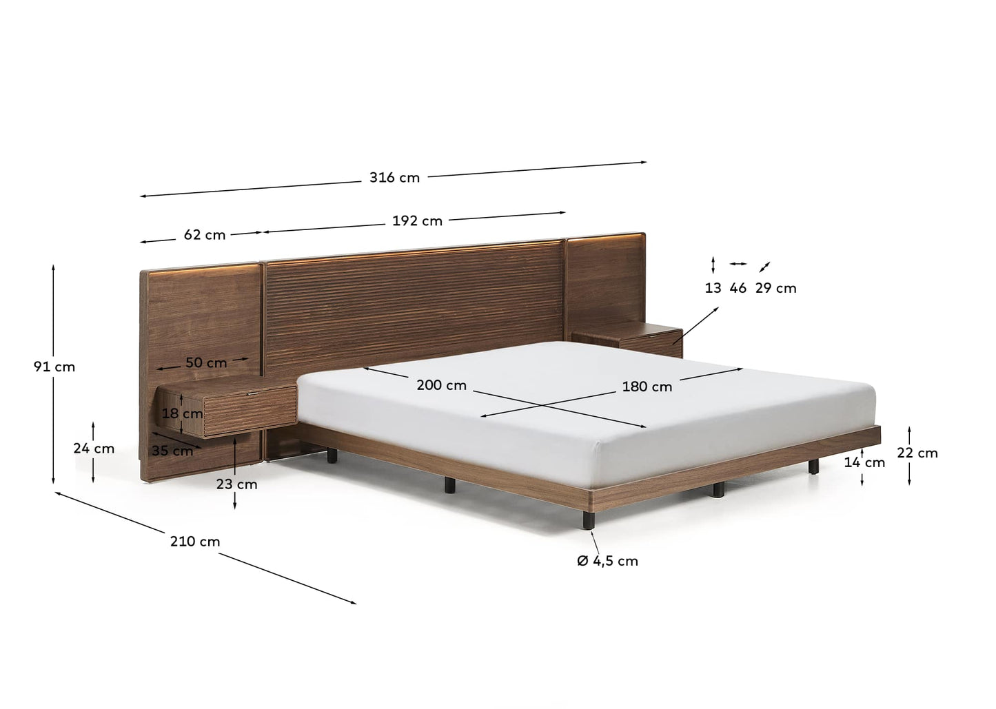 Letto Norlen con 2 comodini in impiallacciatura di noce con finitura scura e luce LED per materasso 180 x 200 cm