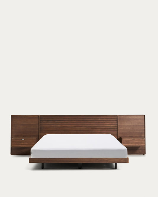 Letto Norlen con 2 comodini in impiallacciatura di noce con finitura scura e luce LED per materasso 180 x 200 cm