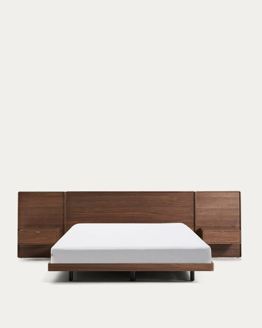 Letto Norlen con 2 comodini in impiallacciatura di noce con finitura scura e luce LED per materasso 180 x 200 cm
