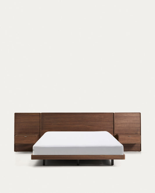 Letto Norlen con 2 comodini in impiallacciatura di noce con finitura scura e luce LED per materasso 160 x 200 cm