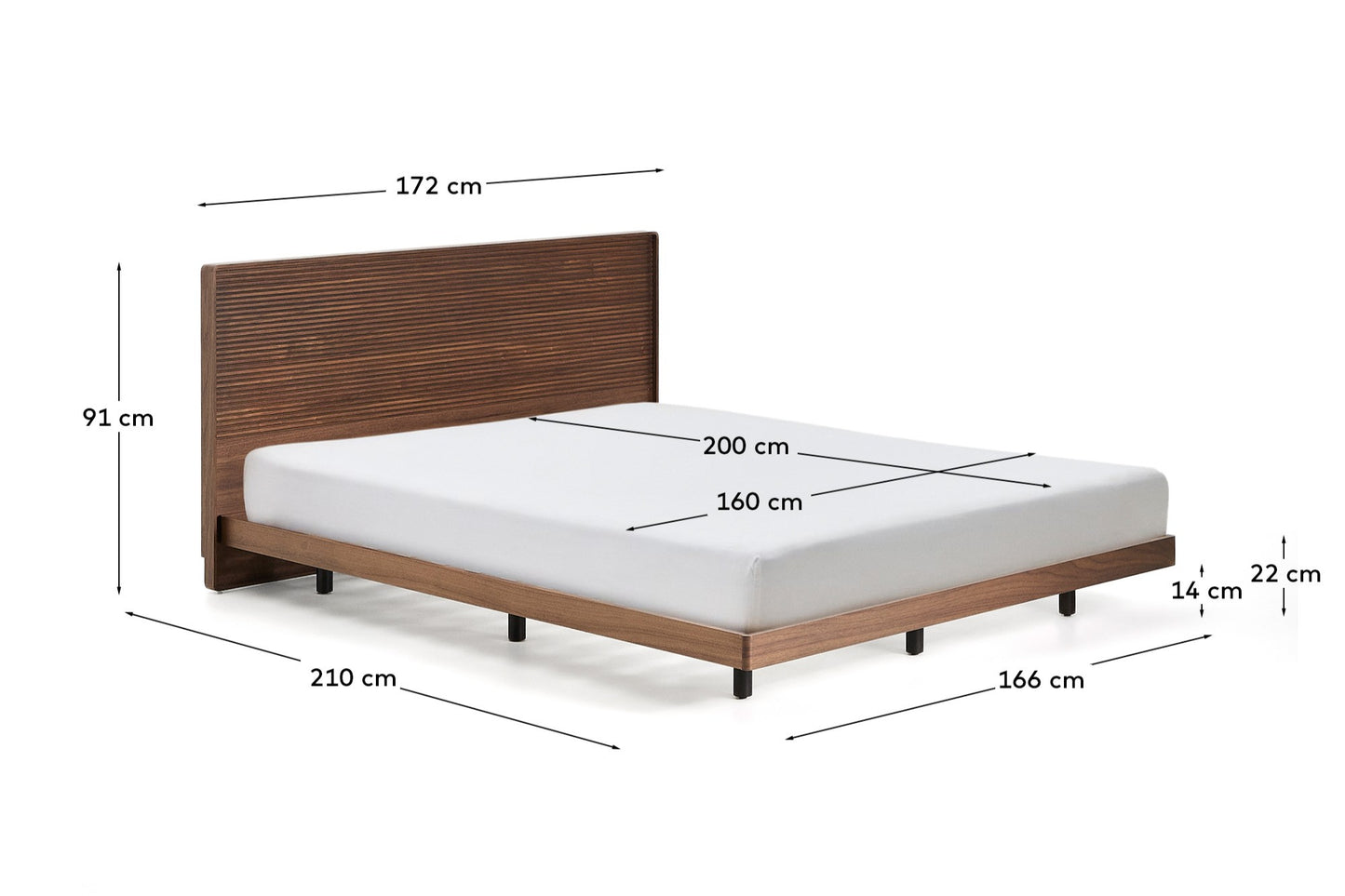 Letto Norlen in impiallacciato di noce con finitura scura e luce LED per materasso da 160 x 200 cm