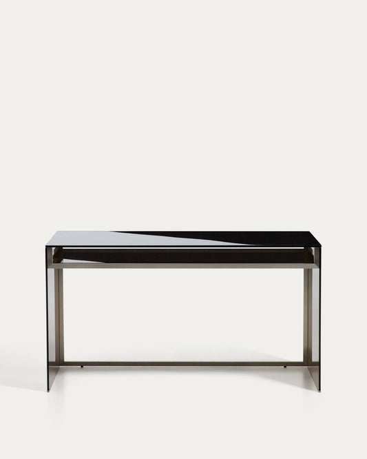 Scrivania Adile in vetro temperato marrone e acciaio spazzolato 142 x 77 cm