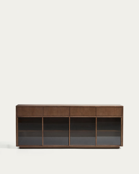 Credenza Helvine 4 ante e 4 cassetti in impiallacciato di frassino con finitura noce e vetro temperato 200 x 80 cm FSC 100%
