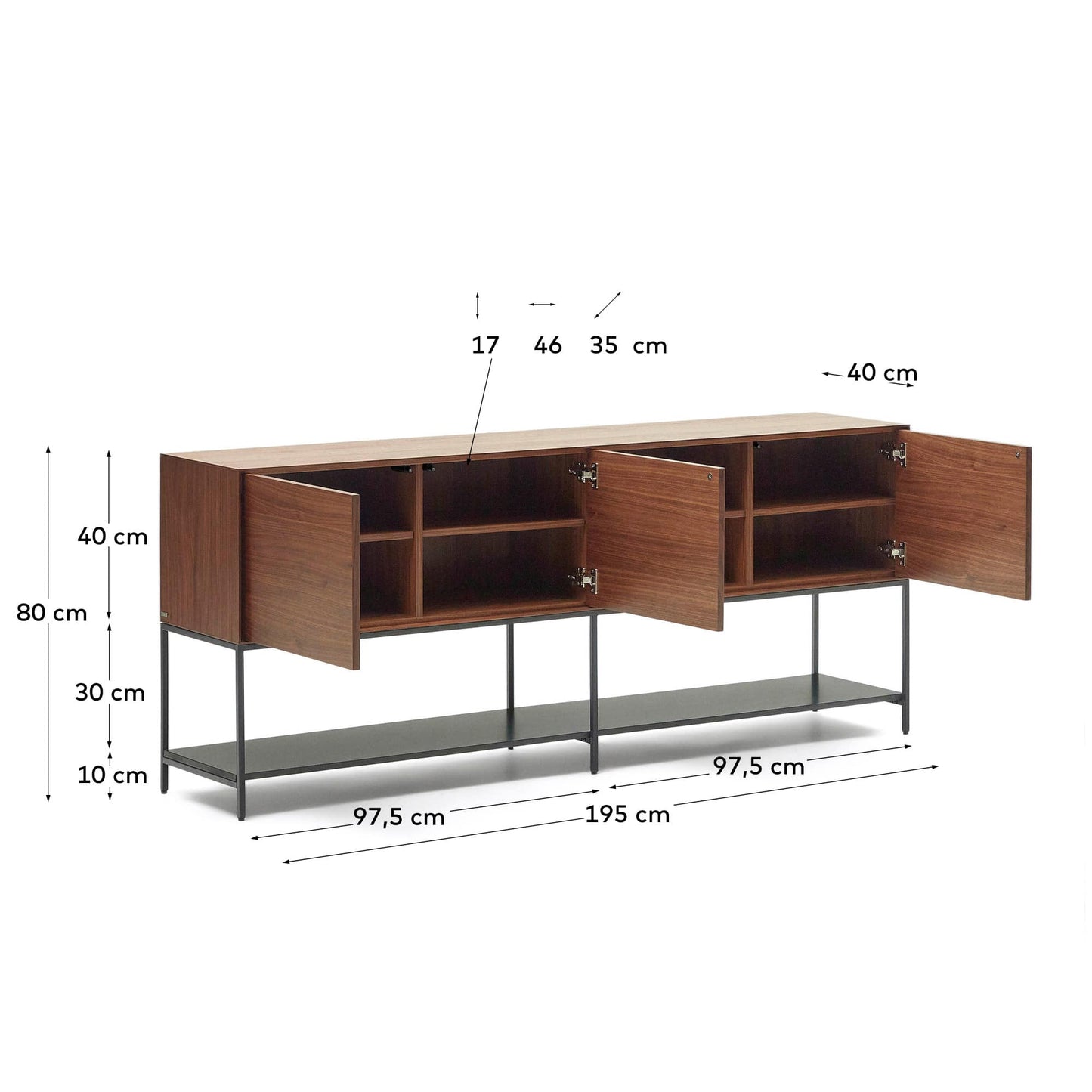 Credenza Vedrana 3 ante impiallacciate noce e gambe in acciaio nero 195x80 cm
