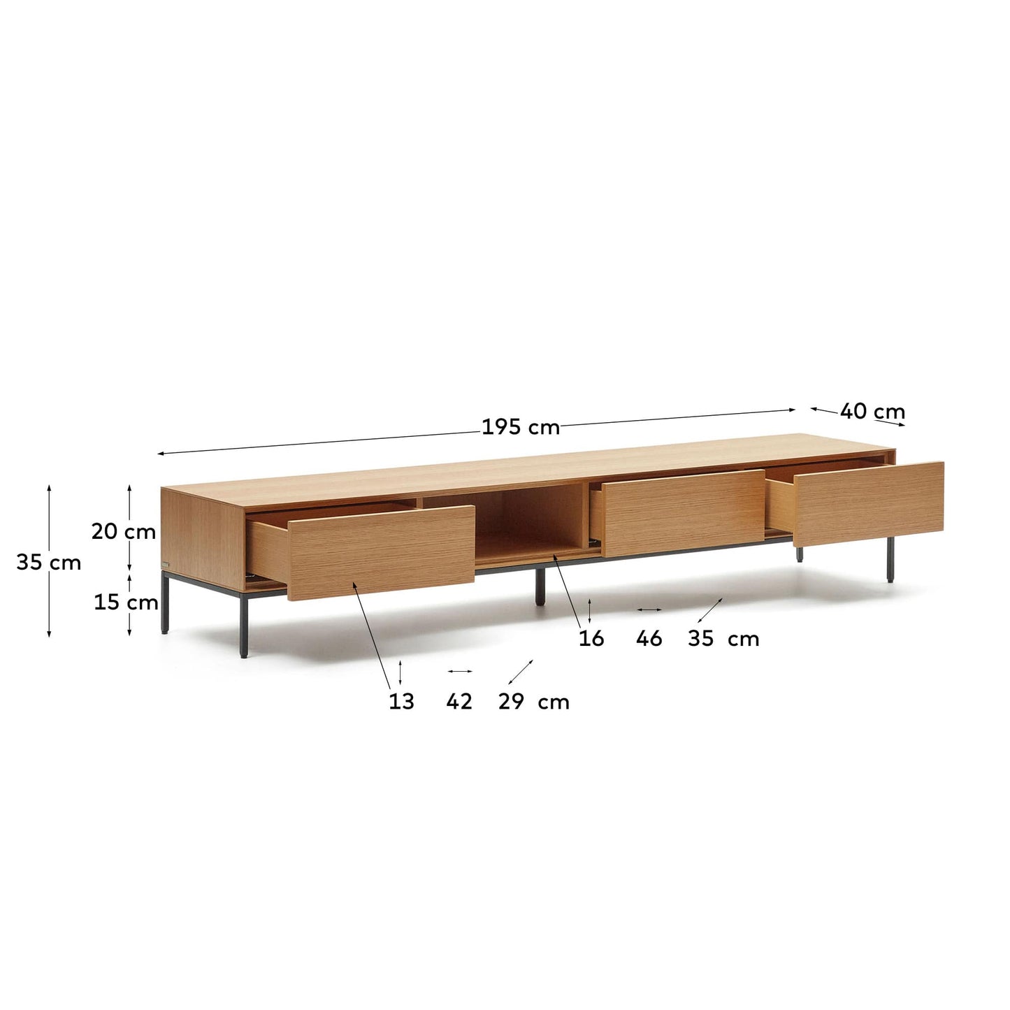 Mobile TV Vedrana 3 cassetti impiallacciato rovere e gambe in acciaio nero 195 x 35 cm
