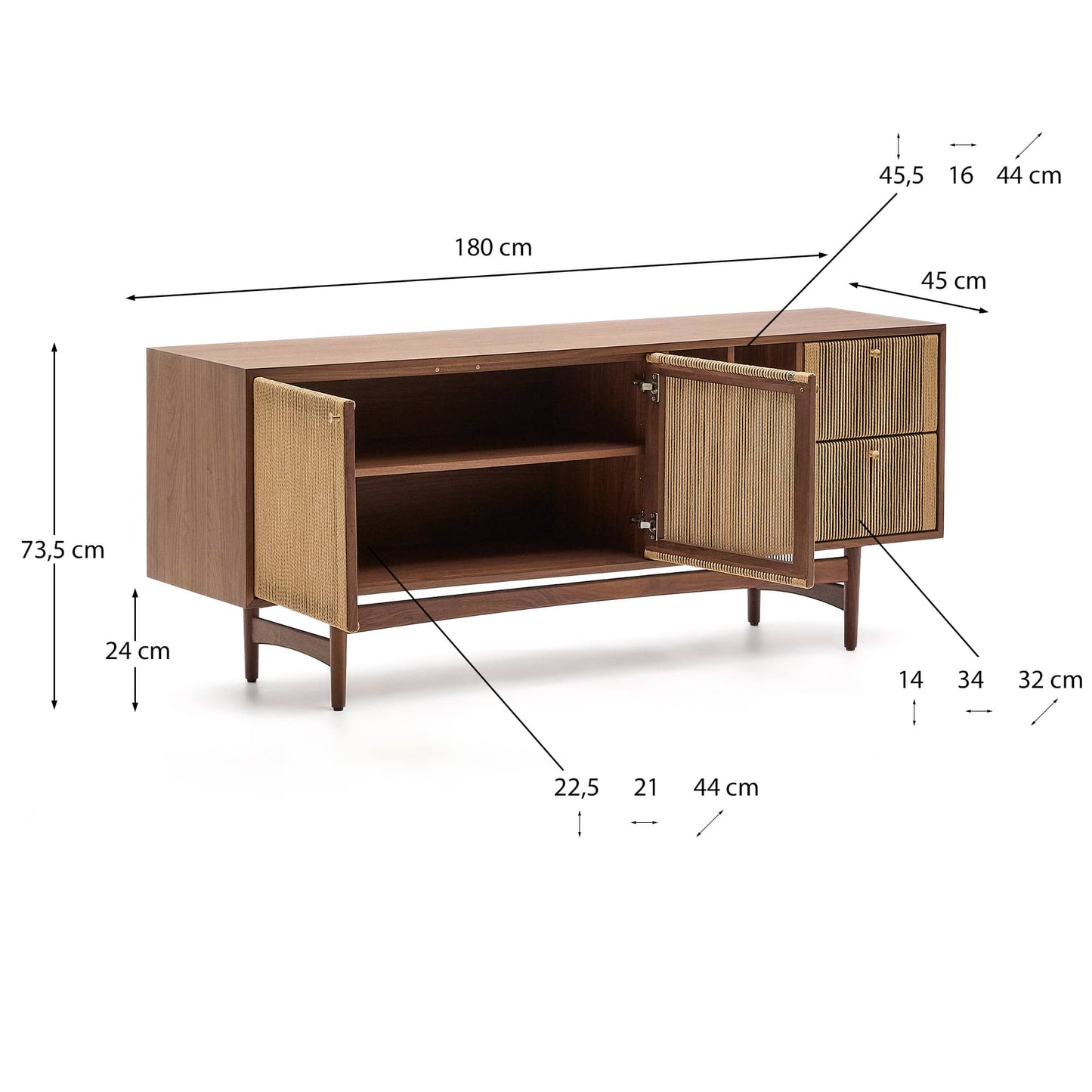 Credenza Elan 2 ante 2 cassetti impiallacciatura e legno massello noce corda 180x73cm
