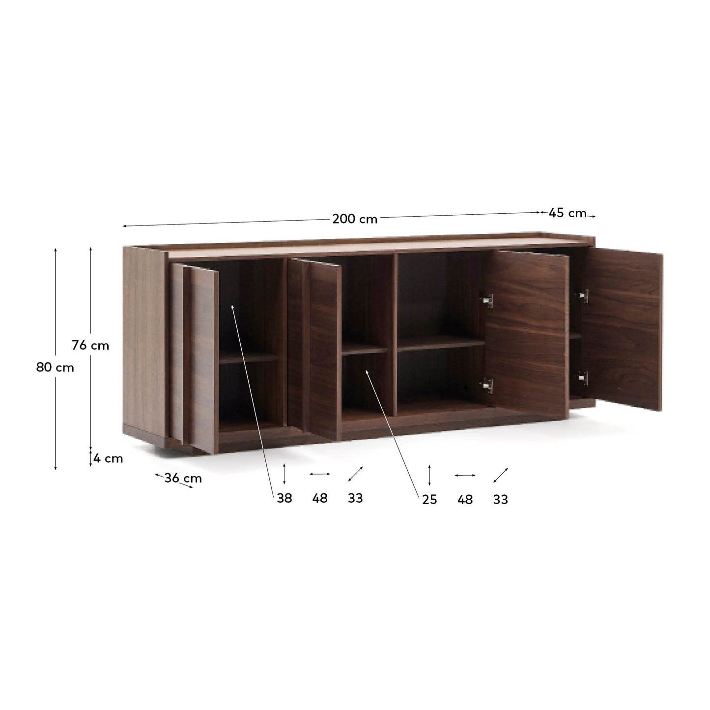 Credenza Onix di impiallacciatura in noce con finitura scura 200 x 80 cm