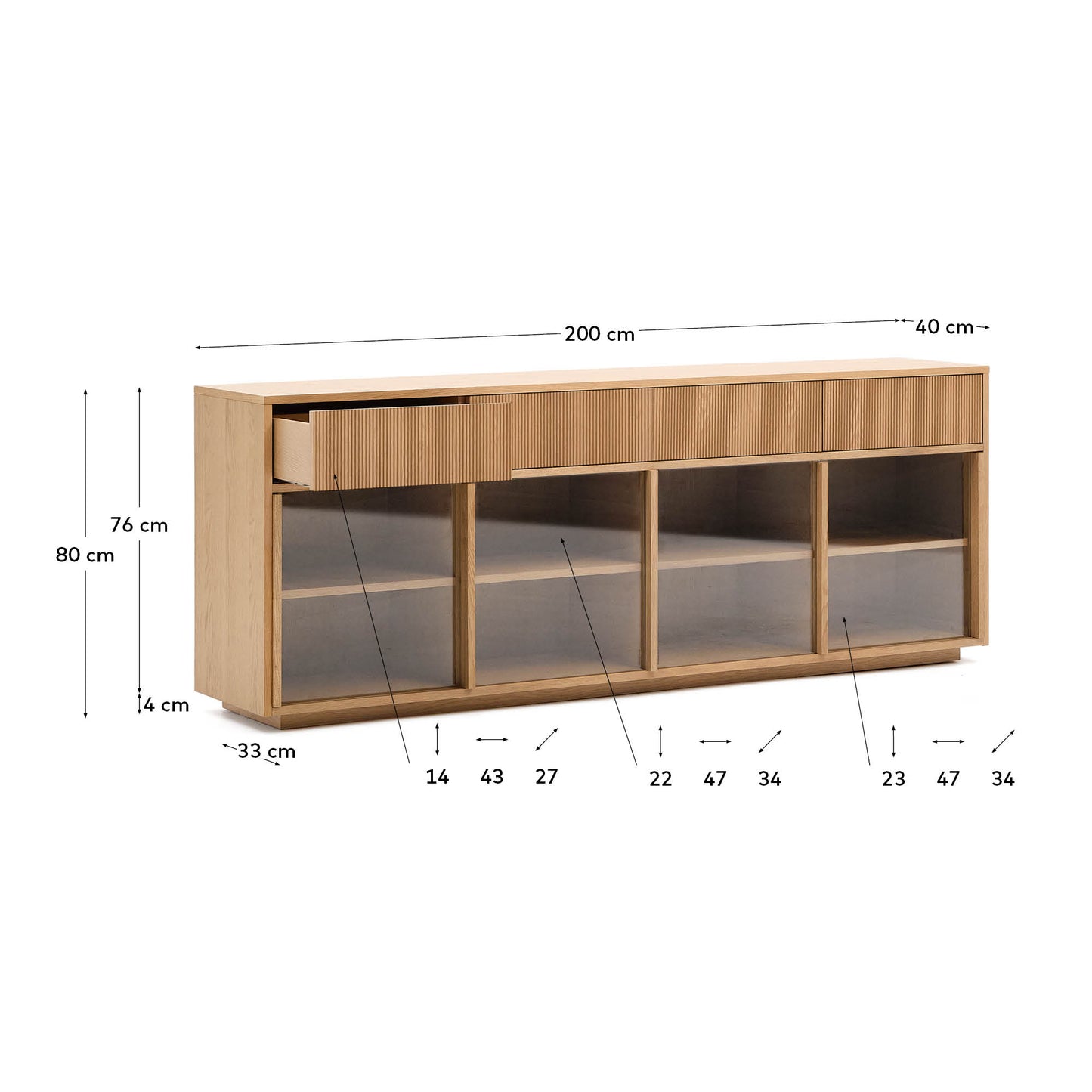 Credenza Helvine 4 ante e 4 cassetti impiallacciatura in rovere e vetro temperato 200x80 cm