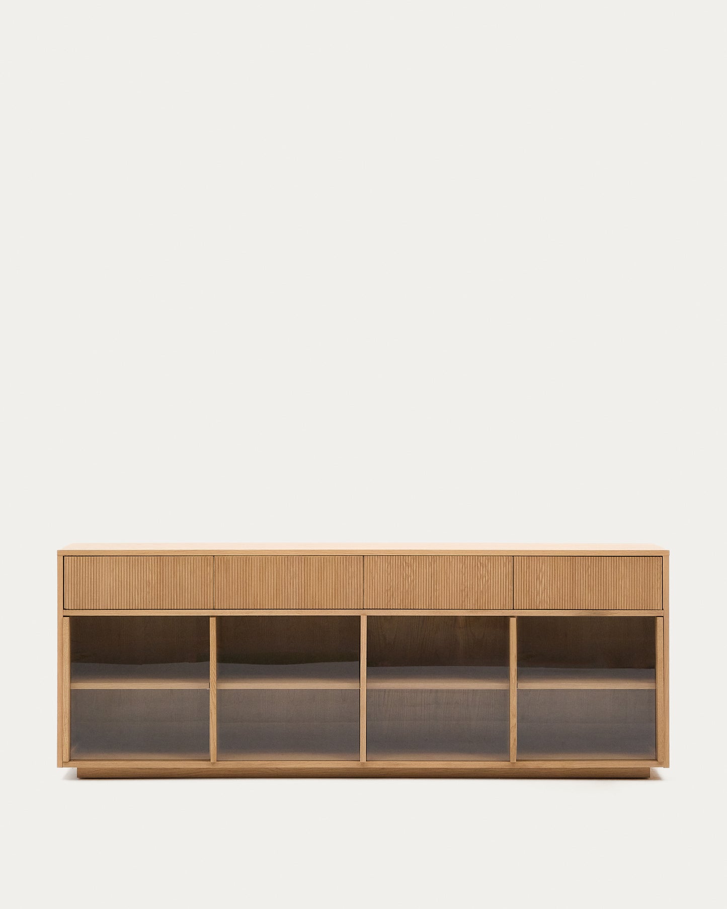 Credenza Helvine 4 ante e 4 cassetti impiallacciatura in rovere e vetro temperato 200x80 cm