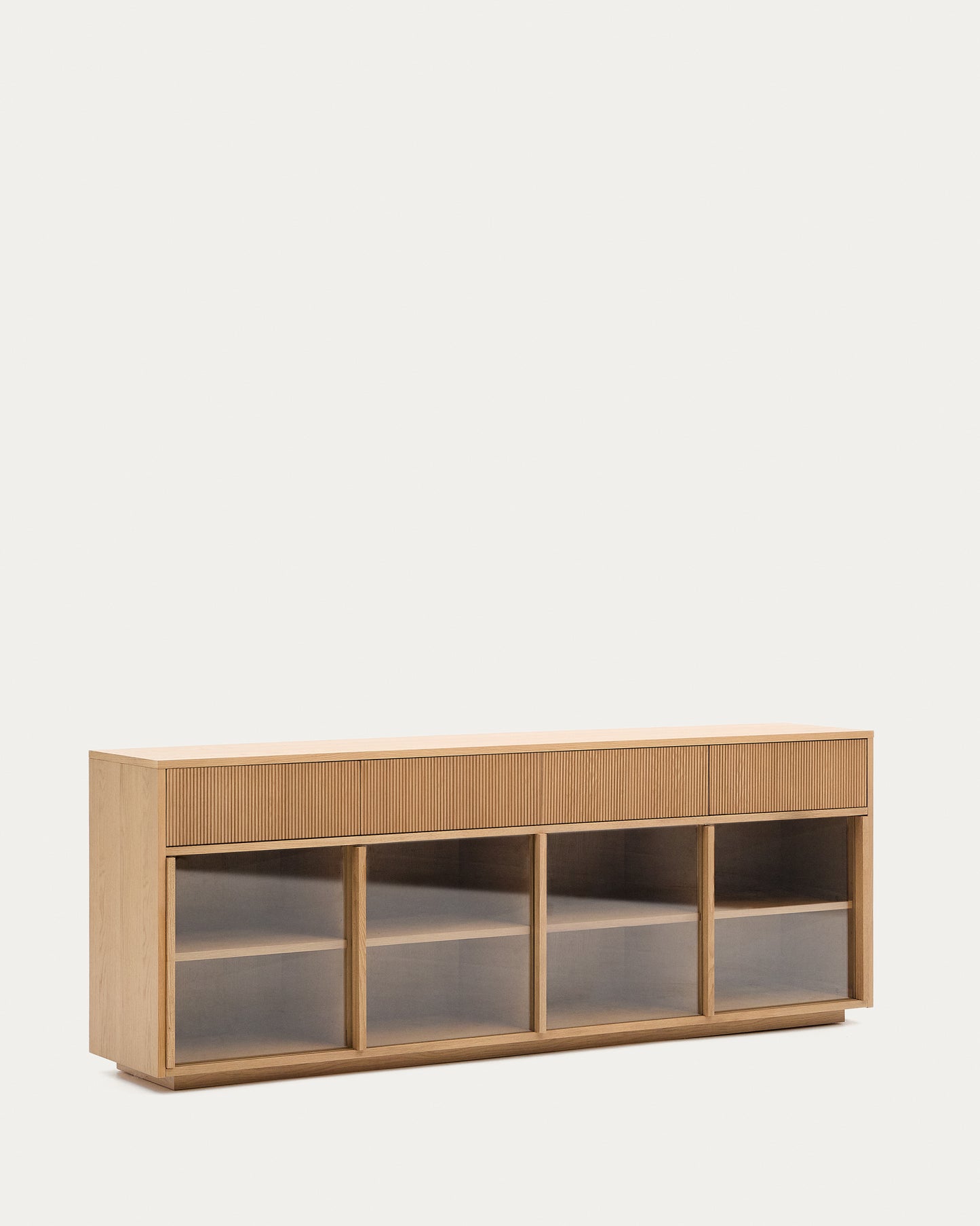 Credenza Helvine 4 ante e 4 cassetti impiallacciatura in rovere e vetro temperato 200x80 cm