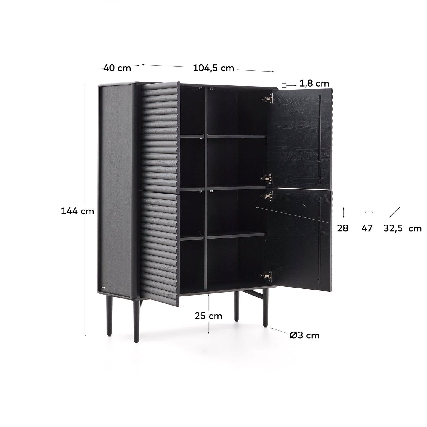 Credenza alta Lenon 4 ante legno massello e impiallacciatura di rovere nero 105x144 cm