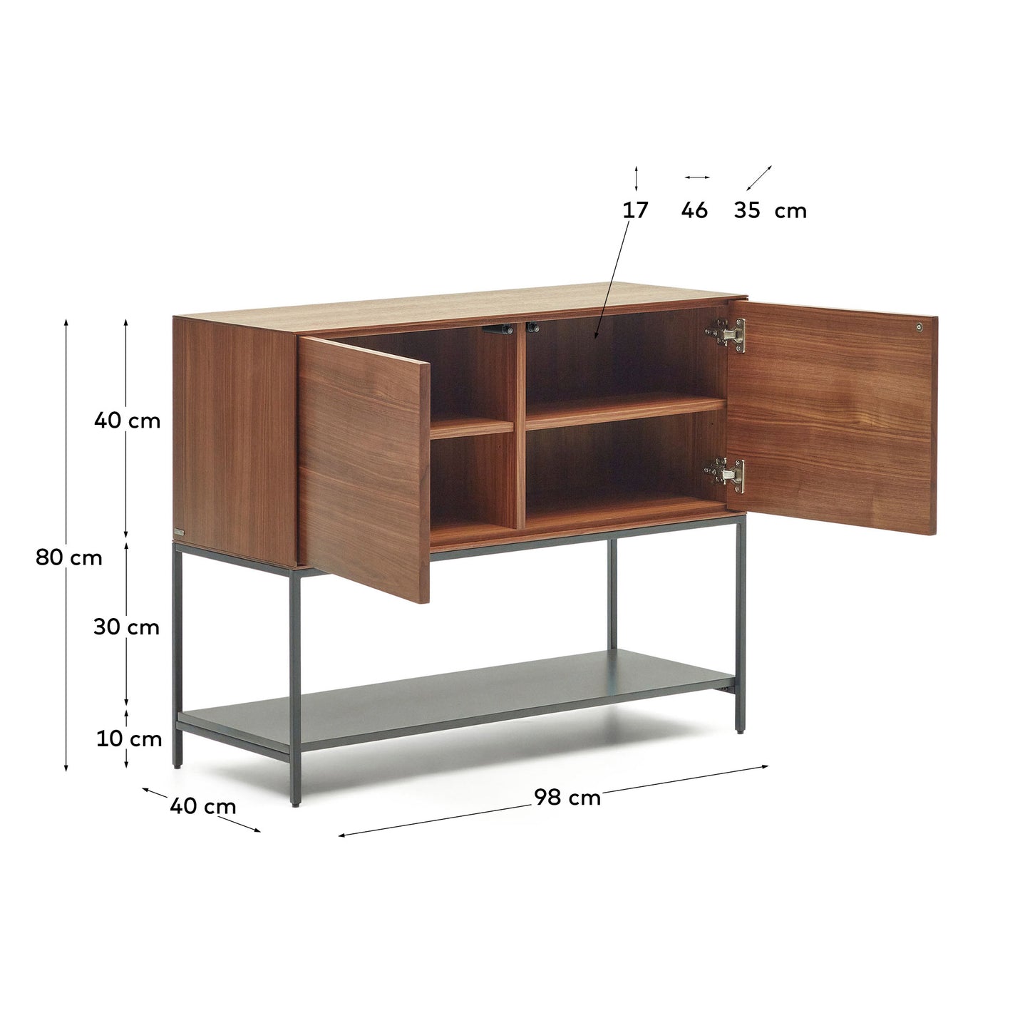 Credenza Vedrana 2 ante impiallacciate noce e gambe in acciaio nero 97,5 x 80 cm