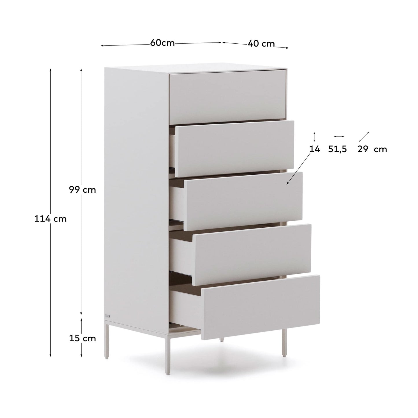 Cassettiera Vedrana 5 cassetti DM laccata bianca 60 x 114 cm